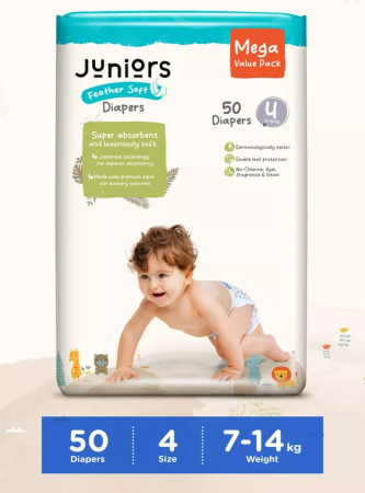 Juniors 50-Piece Tape Style Diapers 6-36 Months Size 4 (7-14 kg)